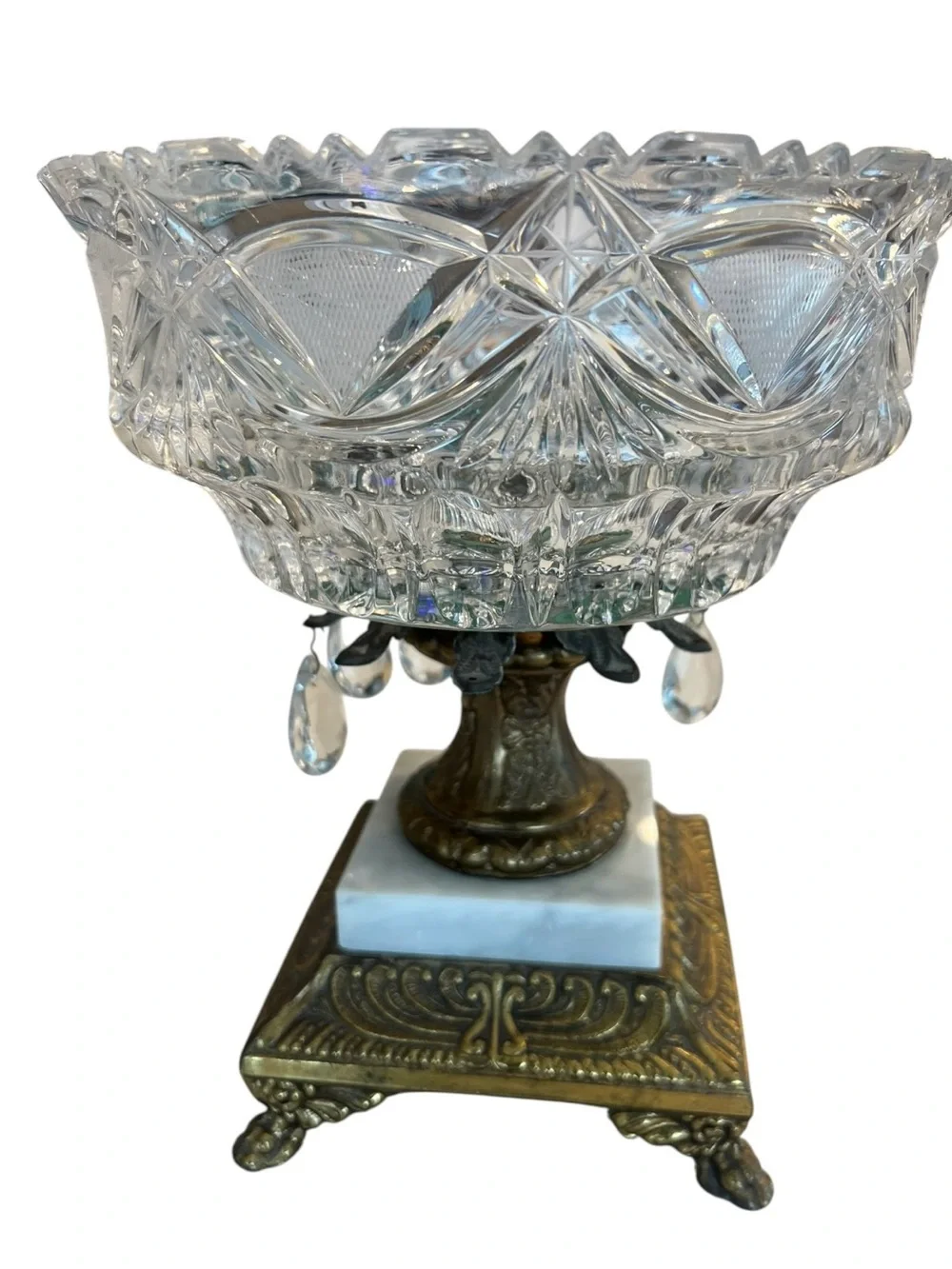 Vintage Cut Crystal Centerpiece Compote Bowl Brass & Marble Pedestal Prism Drops